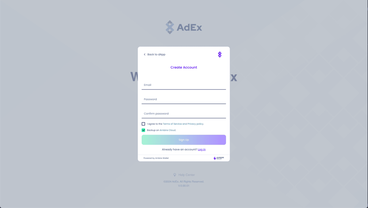 AdEx account creation via the Ambire Wallet Login SDK
